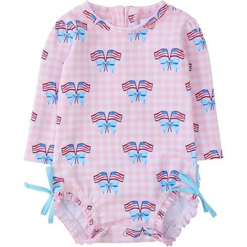 RuffleButts Baby Girls UPF 50+ Sun Protection Gingham Printed Long Sleeve One Piece Rash Guard Swimsuit with Zipper