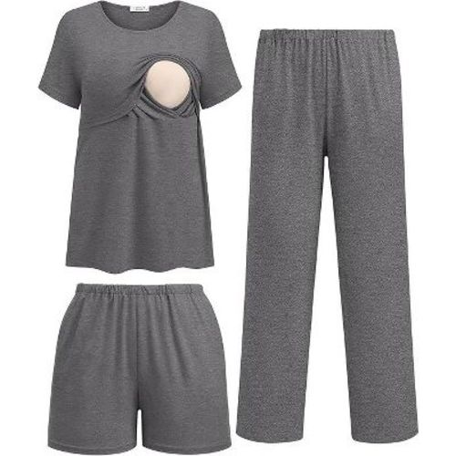 Ekouaer 3 Piece Postpartum Nursing Pajamas Set Short Sleeve Breastfeeding Shirts Pregnancy Shorts & Pants Maternity Pjs Dark Gray S