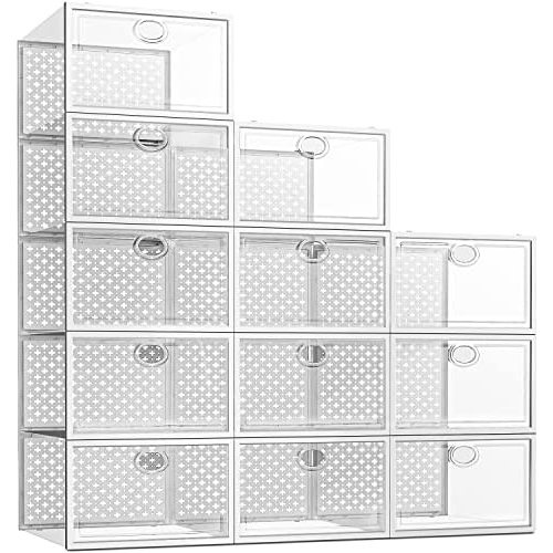 Pinkpum 12 Pack Shoe Storage Boxes, Clear Stackable Shoe Containers for Closet, Sneaker Storage Fit for Size 11