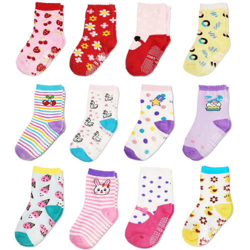 Toddler Girl Non Skid Grips Socks 12 Pairs Anti Slip Crew Socks for Infant Toddler Kids Girls Boy Baby Children