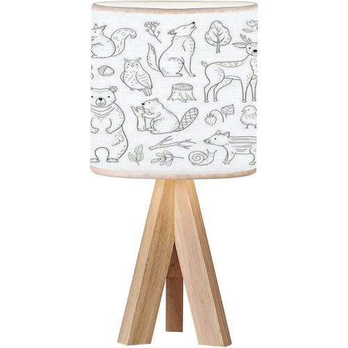 Tripod Bedside Desk Table Lamp Doodle Forest Animals Woodland Cute Baby Animal Squirrel owl Bear Deer Wood Nightstand Lamp with Linen Fabric Shade for Nursery Bedroom Living Room Kids Room