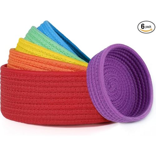 6 Pack Woven Storage Baskets for Organizing, Cotton Rope Rainbow Baskets for Shelves, Cute Colorful Cubby Round Bins, Home Decor Closet Organizer