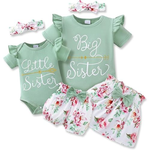 AMAWMW Big Sister Little Sister Matching Outfits Romper/Shirt+Shorts/Skirt+Headband Toddler Baby Girl Summer Clothes
