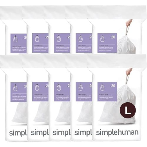 simplehuman Code L 100 Count, Dispenser Pack Custom Fit Liners, Drawstring Trash Bags, 18 Liter / 4.7 Gallon, White