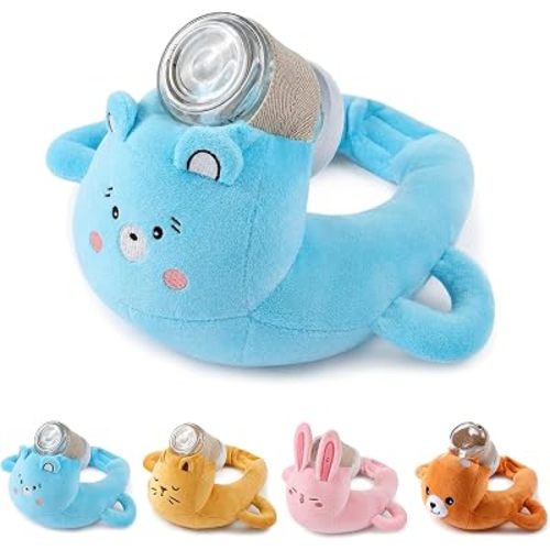 New Bottle Holder Pillow Plush for Self Feeding, Hands Free Feeding Nursing Assistant, Ergonomic Support Cushion, Soft Animal Cover Protector, Machine Washable (Blue Bear)