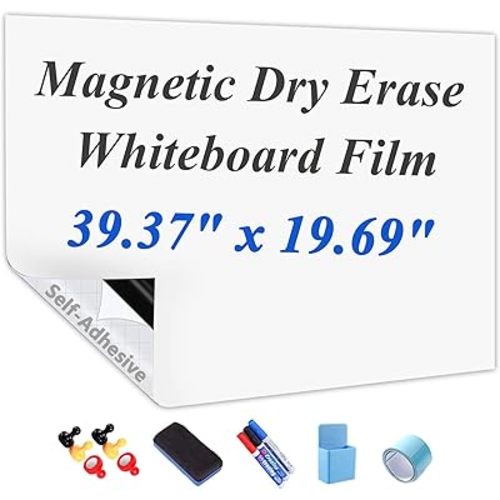 Self-Adhesive Dry Erase Whiteboard Sticker, 39.37" x 19.69" Magnetic Receptive White Board Wall Film, No Ghosting, Easy Write & Clean | Peel & Stick for Office, Home & Classroom,Incl. Accessories