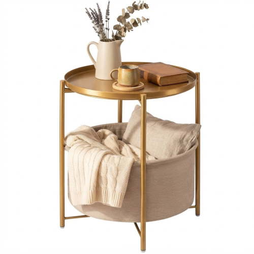 TeoKJ Round Gold Metal Side Table, Small Bedside Nightstand with Removable Fabric Storage Tray for Living Room Bedroom Patio Nursery Bathroom