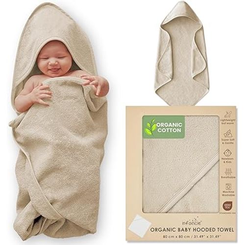 Organic Cotton Plush Woven Hooded Baby Towels, 31x31 Inches, Plush Bath Towels with Hood for Newborns and Kids, Girls & Boys (Ivory, 31.4" L x 31.4" W)