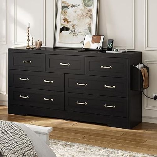 DWVO Farmhouse 7 Drawer Dresser for Bedroom, 59" Wide Large Modern Dresser TV Stand with Drawers & Bar Handles, Storage Dressers with Power Outlets, Rustic Wood Chest of Drawers, Black