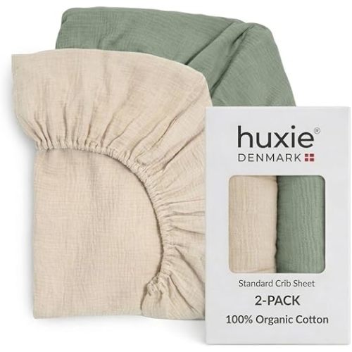 Crib Sheets – Organic Cotton Muslin Fitted Crib Sheet – Standard Size for Baby Boys 28" x 52" Ultra-Soft and Breathable. 2-Pack (Fog/Roman Green)