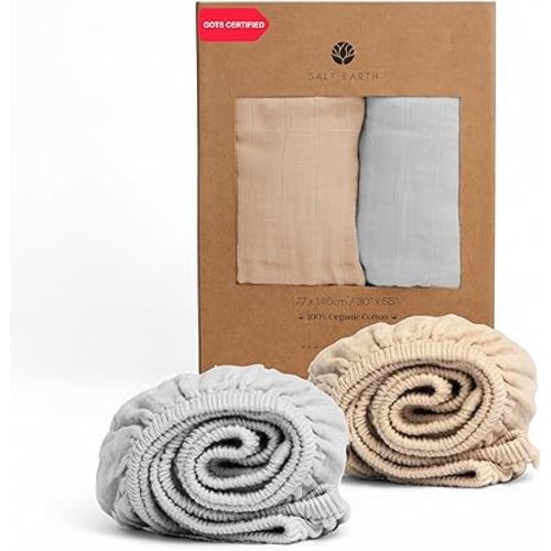 Salt Earth 100% Organic Cotton Muslin Standard Fitted Crib Sheet,52"x28", 2 Pack Soft Breathable Natural Cotton Sheets Baby Mattress Bed Sheets, No Slip Neutral Baby Crib Sheet (Beige & Silver)