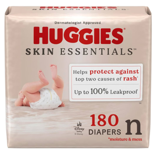 Huggies Size Newborn Diapers, Skin Essentials Baby Diapers, Size Newborn (6-9 lbs), 180 Count (3 Packs of 60), Packaging May Vary