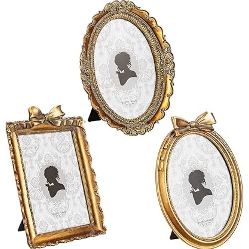 Vicenpal 3 Pcs Tiny Picture Ornate Frames Small Vintage Oval Picture Frames Gold Vintage Baroque Ornate Antique Resin Frame Table Top Display Frame for Home Wedding Decor(5 x 7 Inch,Brown)