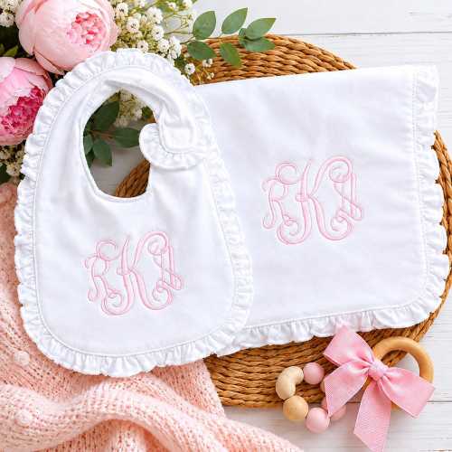 Monogrammed White Ruffle Bib and Burp Cloth, Baby Shower Gift, Personalized Girl Baby Set, Custom Baby Bib and Burp Cloth, Baby Feeding Gift