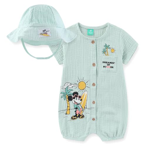 Disney Mickey Baby Boys Gauze Romper with Bucket Hat 2 Pc Set for Infant