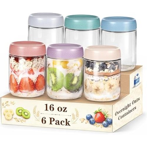 6 Pack Overnight Oats Containers with Lids, 16oz Wide Mouth Mason Jars, Suger Bowls, Glass Food Containers with Airtight Lids for Overnight Oats Jars for Yogurt, Meal Prep, Chia Pudding