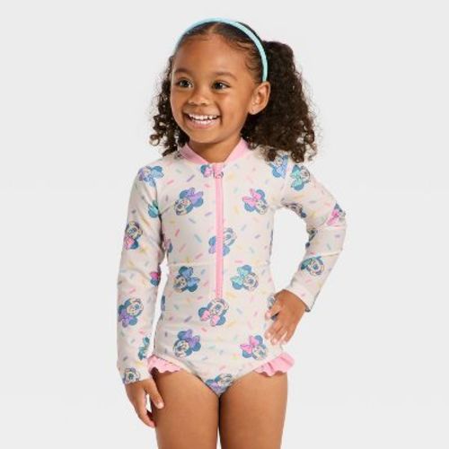 Toddler Girls' Disney Long Sleeve Minnie Mouse Sprinkle Printed One Piece Rash Guard - White
