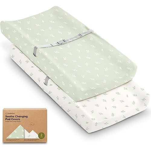 KeaBabies Organic Changing Pad Covers for Girl, Boy - 2-Pack 100% Cotton Diaper Changing Table Pad Cover, Soft, Breathable, Durable Baby Nursery Fitted Contoured Diaper Change Sheets 32x16 (Herb)
