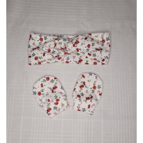 Matching baby girl twisted turban headband and no-scratch mittens, no elastic, knit fabric only, 40+ fabrics to choose from!