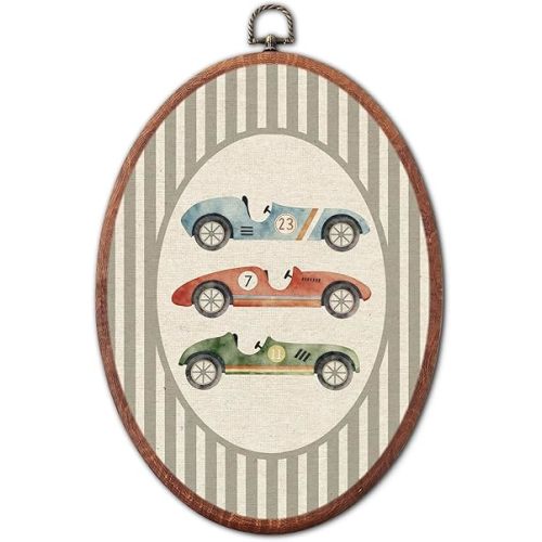 Vintage Race Car Nursery Oval Wall Art Framed, Striped Framed Canvas Prints