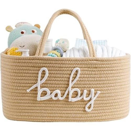 Baby Diaper Caddy Organizer, Large Nursery Storage Bin Basket for Baby Shower and Baby Wipes- Cotton Rope Portable Diaper Bag for Changing Table, Newborn Essentials Gift-Tan