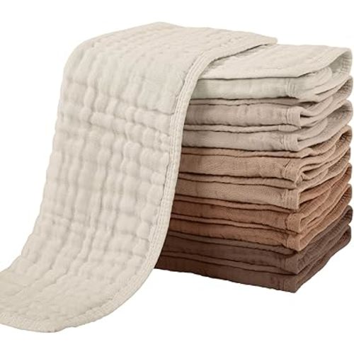 Yoofoss Muslin Burp Cloths for Baby 10 Pack 100% Cotton Baby Washcloths for Boys Girls Large 20''X10'' Super Soft and Absorbent-Gradient Khaki