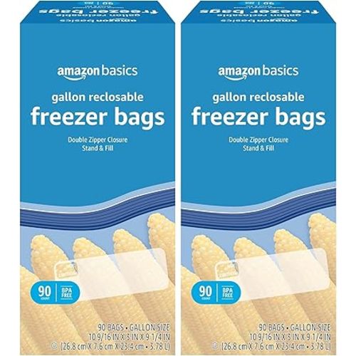 Amazon Basics Freezer Gallon Bags | Stand & Fill Base | 90 Count | Pack of 2