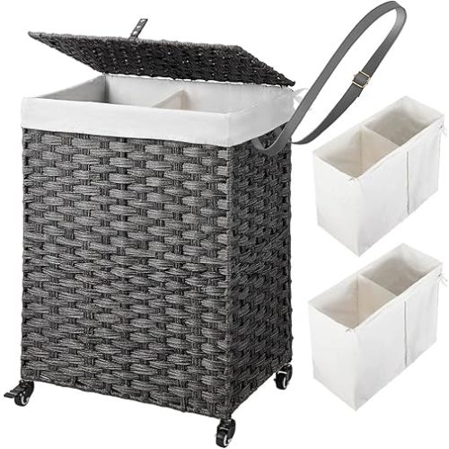 Greenstell Laundry Hamper with Wheels, No Install Needed, 90L Divided Handwoven Hampers & 2 Removable Liner Bags, Rattan Clothes Laundry Basket with Lid & Handles, Foldable Hampers Gray 18x13x26.4 In