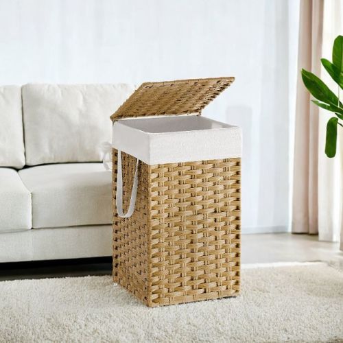 Laundry Hamper with Lid 17.2 Gallon Rattan Clothes Laundry Basket with Lid and Handles Foldable Removable Liner for Laundry Room