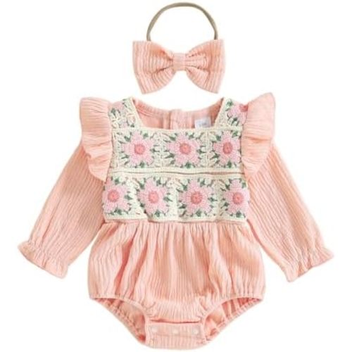 Baby Girl Crochet Flower Romper Ruffled Sleeve Smocked Bubble Romper Bodysuit Clothes Bow Headband Newborn Fall Outfit