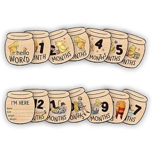 Baby Bear Month Milestone Circles, Wooden Honey Pot Shaped, for Baby Photo Shoots with 'Hello, World' Name Signs - 7 Double-Sided Signs for Documenting Growth