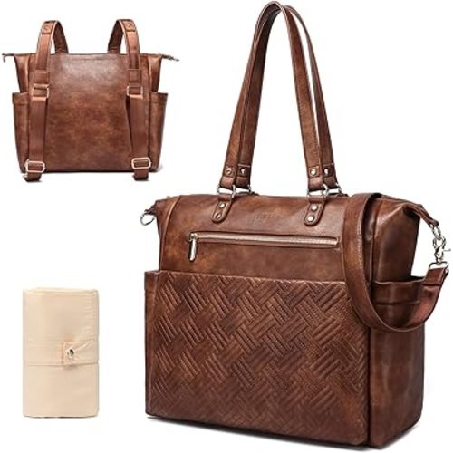 Large Leather Diaper Bag, Tote with Modern Design, Travel Essential, Diaper Backpack with Changing Pad, Laptop Compartment, Multiple Pockets, Brown
