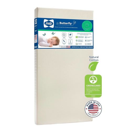 Sealy Baby Butterfly Breathable Waterproof Crib Mattress plus Toddler Bed Fit, Premium Foam, Washable Easy to Clean Cover, GREENGUARD Gold Certified, Safety & Quality Tested, Made in USA, 52"X28"