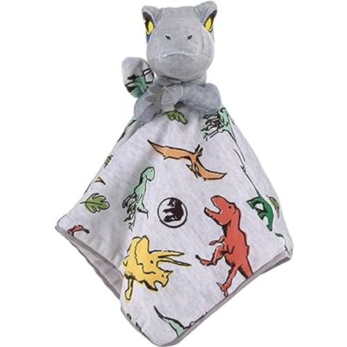 NoJo Welcome to The Universe Baby Jurassic World Grey, Green, Orange and Yellow, Grey Plush Dinosaur Raptor Security Baby Blanket