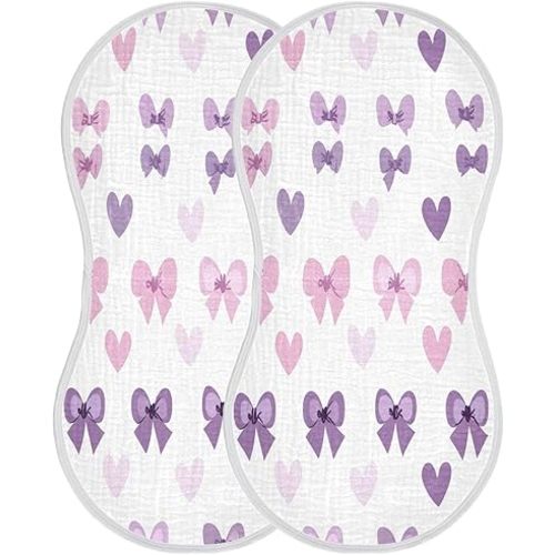 4 Pack Purple Bows Muslin Baby Burp Cloths & Bibs Set – Ultra Soft, Absorbent Burping Cloths Face Towel for Newborn Baby Girls and Boys, 22 x 11 Inch