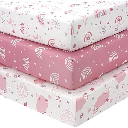 Pack and Play Sheets Fitted, Mini Crib Sheets Girl 38” x 26” 3-Pack