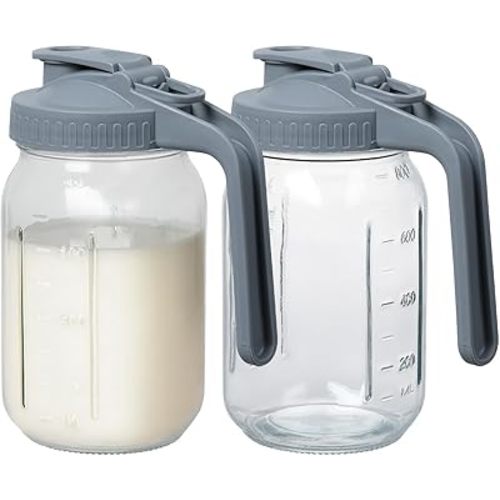 Novelinks 32OZ Glass Pitcher with Lid, Wide Mouth Mason Jar Pitcher, Leak-proof Water Jug for Juice, Milk,iced Coffee Lemonade Tea,2 Pack