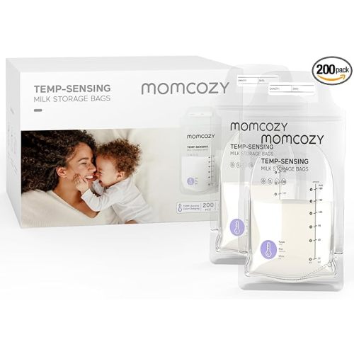 Momcozy Breastmilk Storage Bags, Temp-Sensing Discoloration Milk Storing Bags for Breastfeeding, Disposable Milk Storage Bag with 6 Ounce Self Standing, No-Leak Milk Freezer Storage Pouches, 200PCS