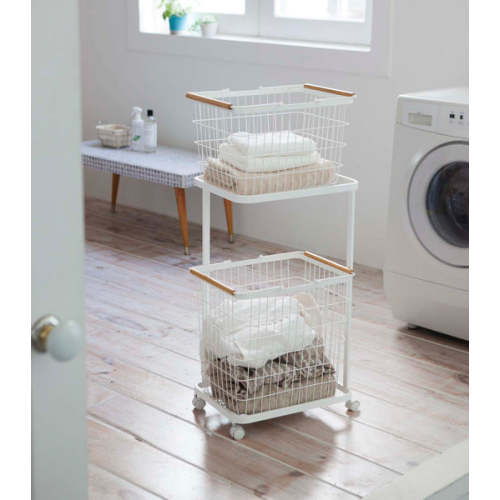 Rolling Laundry Cart + Wire Baskets (38" H)  - Steel + Wood