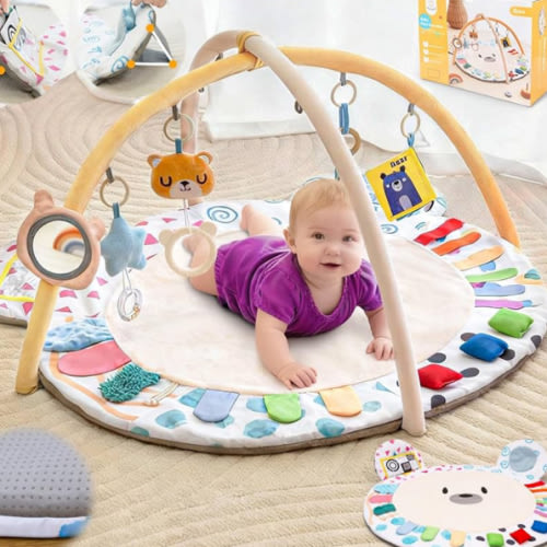 Baby Play Gym, Thickened and Non Slip Activity Mat, 5 Developmental Zones Tummy Time Mat with 5 Detachable Sensory Toys for Motor Skills, Baby Essentials Shower Gift Box(Bear)