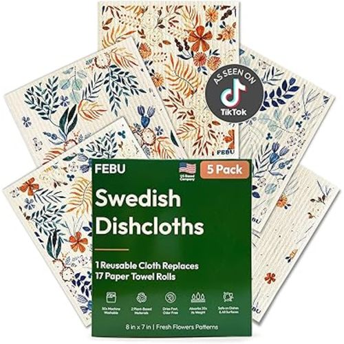 FEBU Swedish Dishcloths for Kitchen | 5 Pack Fresh Flowers Reusable Paper Towels Washable | Swedish Dish Towels | Non-Scratch Cellulose Sponge Cloths | No Odor, Biodegradable Cleaning Cloths