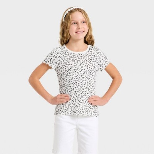 Girls' Short Sleeve Floral Ribbed T-Shirt - Cat & Jack™ Cream S