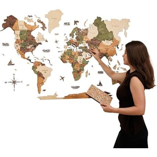Enjoy The Wood 3D Wooden World Map Wall Art (Nature, L, Unframed)