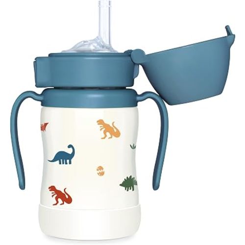 GROSMIMI Insulated 316 Stainless Steel Spill Proof Straw Cup, Water bottle with Flip Top for Toddlers, BPA Free (Dinosaur, 6oz)