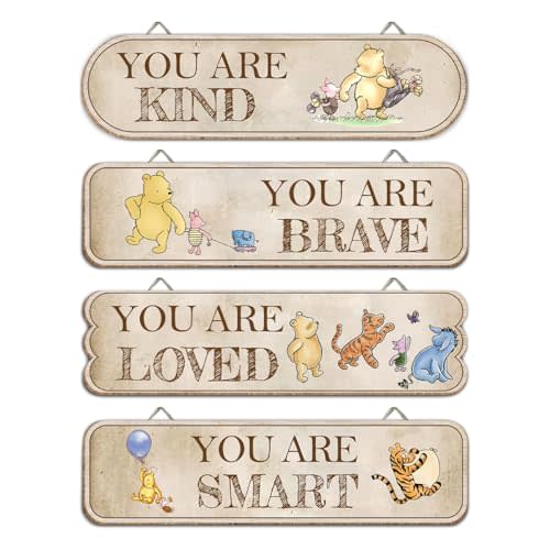 Hatzelou 4PCS Classic Winnie Baby Room Decor, Pooh Nursery Decor, the Pooh Wall Decor Sign Gifts, You Are Kind Brave Inspirational Quotes, Adorable Winnie Sign for Home Bedroom Nursery