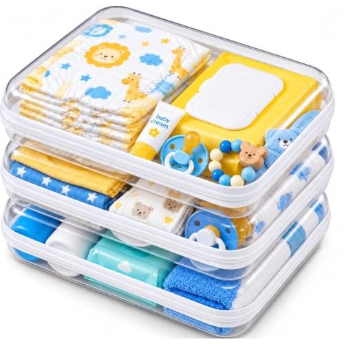 3 Pack Large Clear Hard Shell Zipper Case, Diaper Bag Organizer Pouches, Water-Resistant Travel Toiletry Bags for Baby Essentials, Toys, Cables, Crafts, Makeup, White