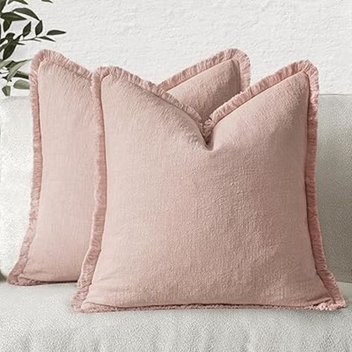 MIULEE Valentines Decorative Throw Pillow Covers Neutral Linen Fringe Throw Pillows Set of 2 Light Pink Boho Farmhouse Cushion Covers for Couch Sofa Bed Living Room Spring Home Decor 20x20 Inch
