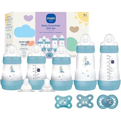 MAM Easy Start Anti-Colic Baby Bottle & Pacifier Set, 5 Self Sterilizing Bottles (3X 5oz, 2X 9oz) & 3 Original Pacifiers 0–16 Months + Extra Nipples, Newborn Feeding Gift Set