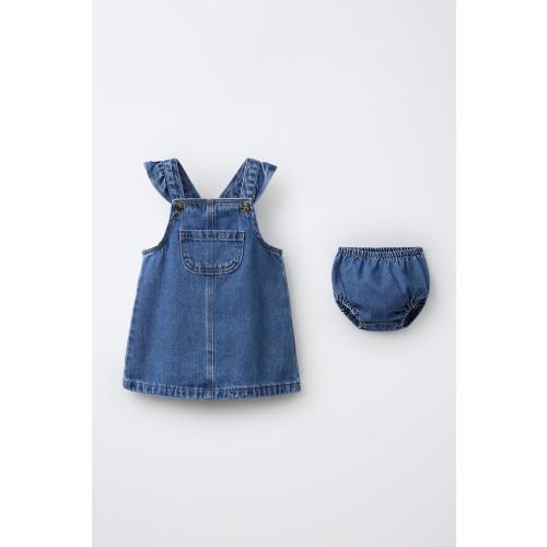 Size 3-6 Months DENIM RUFFLE PINAFORE SET - Mid-blue
