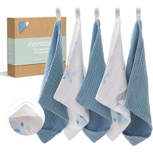 Momcozy Soft & Absorbent Baby Washcloths - 4 Layer Design| Medium Thickness| Premium Cotton for Newborns' Skin-Great for Bathing, Wiping & on-The-go Use, Shower Gift and Essential(5 Pack, 10x10 inch)